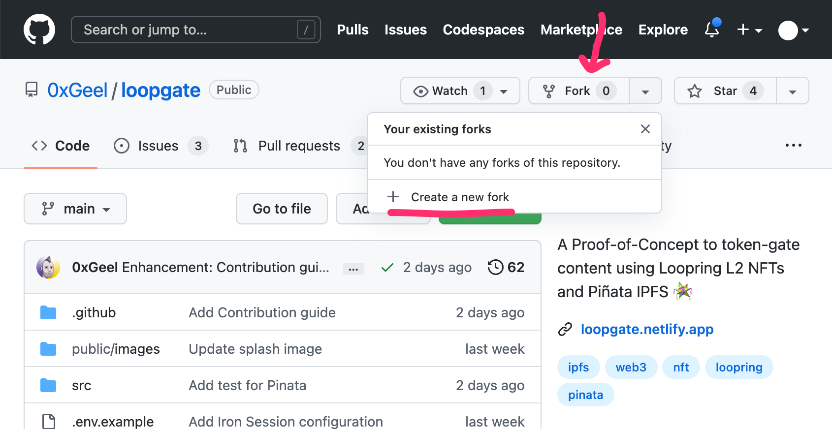 Click on 'Fork' > 'Create a new fork'.